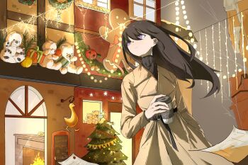 Rule 34 | 1girl, absurdres, artist request, bang dream!, bang dream! it's mygo!!!!!, belt, black belt, black hair, black sweater, brown coat, christmas lights, christmas tree, closed mouth, coat, commentary, commission, fireplace, flying paper, french commentary, gingerbread man, grey background, hair between eyes, highres, long hair, long sleeves, paper, purple eyes, second-party source, shiina taki, solo, stuffed animal, stuffed toy, sweater, teddy bear