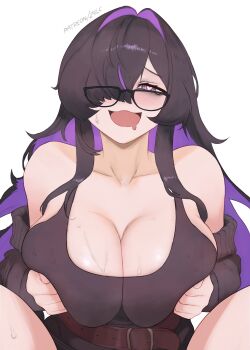 1girl bags_under_eyes black-framed_eyewear black_cardigan black_dress black_hair breasts breasts_squeezed_together cardigan cardigan_partially_removed cleavage collarbone colored_inner_hair dress drooling glasses goddess_of_victory:_nikke hair_intakes hair_over_one_eye heart heart-shaped_pupils highres label_(nikke) large_breasts long_sidelocks looking_at_viewer mouth_drool multicolored_hair open_mouth purple_eyes purple_hair sidelocks smile solo sweat symbol-shaped_pupils two-tone_hair white_background zelc-face