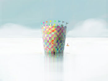 Rule 34 | 1girl, black hair, blue sky, castle, cloud, commentary request, day, flag, flying, food, nuq, original, outdoors, rainbow order, scenery, shrimp, shrimp tempura, sky, solo, tempura, wide shot