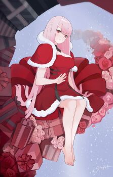 1girl barefoot breasts capelet christmas cleavage dress full_body highres hololive hololive_english large_breasts mori_calliope pink_eyes pink_hair red_capelet red_dress santa_costume santa_dress shadelett sitting solo strapless strapless_dress virtual_youtuber