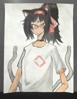 animal_ears black_hair cat_ears cat_girl cat_tail facial_mark highres multiple_tails nekomata nekomiya_mana non-web_source shirt smile tail traditional_media triangle triangle_facial_mark two_tails white_background white_shirt zenless_zone_zero