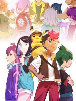 4girls 5boys antenna_hair black_hair black_jacket brown_vest captain_pikachu closed_mouth colored_inner_hair commentary_request copituji crossed_arms dot_(pokemon) friede_(pokemon) gen_1_pokemon green_hair green_shirt hand_on_own_hip headphones highres jacket liko_(pokemon) ludlow_(pokemon) mollie_(pokemon) multicolored_hair multiple_boys multiple_girls murdock_(pokemon) nintendo open_clothes open_vest orla_(pokemon) pants pikachu pokemon pokemon_(anime) pokemon_(creature) pokemon_horizons purple_hair purple_jacket red_pants roy_(pokemon) shirt short_hair short_sleeves shorts smile strap t-shirt two-tone_hair ult_(pokemon) vest white_shirt yellow_bag