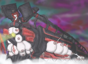 breasts herudrone lactation large_areolae large_breasts light_rays mon-musu_quest! mon-musu_quest:_paradox monster_train_(mon-musu_quest:_paradox) multiple_breasts multiple_eyes non-humanoid_robot red_eyes robot train