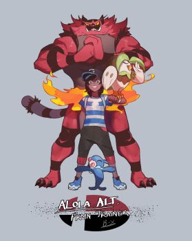 1boy baseball_cap black_hair black_shorts brown_eyes dark-skinned_male dark_skin dartrix elio_(pokemon) gen_7_pokemon grey_background grin hat highres incineroar looking_at_viewer nintendo nyantcha pokemon pokemon_swsh popplio saimon_tamaki shirt shorts simple_background smile striped_clothes striped_shirt