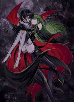 1boy 1girl black_hair boots c.c. cape code_geass gloves green_hair highres lelouch_vi_britannia long_hair long_sleeves purple_eyes ruki_atamaokasii short_hair simple_background smile thigh_boots thighhighs very_long_hair yellow_eyes zero_(code_geass)