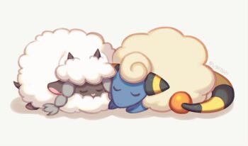 animal_focus closed_eyes commentary_request fluffy gen_2_pokemon gen_8_pokemon lying mareep nintendo no_humans on_stomach pokemon pokemon_(creature) sheep sleeping u_u white_background wooloo wusagi2