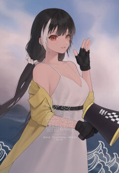 Rule 34 | 1girl, absurdres, alternate costume, black gloves, black hair, blue sky, character name, chinese text, cloud, cloudy sky, coat, commentary, copyright name, dress, english commentary, english text, fingerless gloves, girls' frontline, gloves, hair ornament, hair scrunchie, hand up, heterochromia, highres, holding, holding megaphone, kir (khw66136132), long hair, looking at viewer, megaphone, multicolored hair, open clothes, open coat, orange eyes, parted lips, ro635 (girls' frontline), scrunchie, sky, smile, solo, streaked hair, two-tone hair, white dress, white hair, yellow coat, yellow eyes