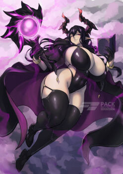 1girl black_cloak black_gloves black_hair black_leotard black_thighhighs book bracelet breasts cloak commission covered_navel gloves hair_between_eyes half_gloves high_heels highleg highleg_leotard highres holding holding_staff horns huge_breasts jewelry leotard long_hair looking_at_viewer multicolored_hair open_book original packge pale_skin pointy_ears purple_cloak purple_hair red_eyes solo staff thighhighs two-sided_cloak two-sided_fabric two-tone_hair watermark web_address wide_hips