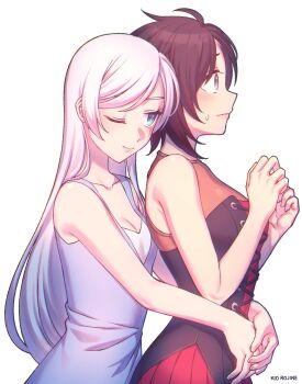 2girls ;) artist_name bare_arms bare_shoulders black_corset blue_dress blue_eyes blush breasts brown_hair cleavage closed_mouth collarbone corset dress facing_to_the_side from_side hair_down hands_up highres hug hug_from_behind kio_rojine long_hair medium_breasts multiple_girls one_eye_closed pleated_dress red_dress ruby_rose rwby scar scar_across_eye scar_on_face short_hair simple_background small_breasts smile sweatdrop upper_body very_long_hair weiss_schnee white_background white_hair yuri