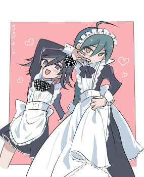 Rule 34 | 2boys, absurdres, ahoge, alternate costume, apron, bishounen, black dress, black hair, blush, bow, bowtie, bs (twst with), checkered bow, checkered bowtie, checkered clothes, commentary request, crossdressing, crossdressing (mtf), danganronpa (series), danganronpa v3: killing harmony, dated, dress, embarrassed, enmaided, flipped hair, frilled apron, frills, genderswap, genderswap (mtf), hair between eyes, heart, highres, long sleeves, looking at viewer, maid, maid apron, maid headdress, male focus, male maid, multiple boys, oma kokichi, open mouth, partial commentary, pink background, puffy sleeves, saihara shuichi, short hair, simple background, smile, v, white apron, wrist cuffs, yellow eyes