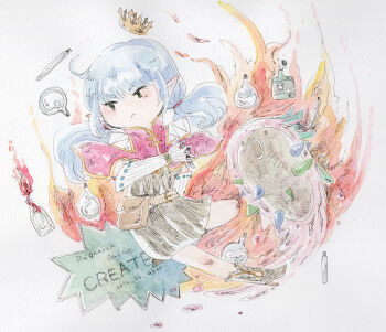 Rule 34 | 1girl, 2015, akari-tkn, blue hair, blush, boots, cape, character name, closed mouth, commentary request, copyright name, creator (ragnarok online), crown, dress, full body, gloves, grey boots, grey dress, long hair, looking afar, molotov cocktail, pointy ears, potion, ragnarok online, red cape, red eyes, solo, v-shaped eyebrows, vanilmirth (ragnarok online), vial, white background, white gloves