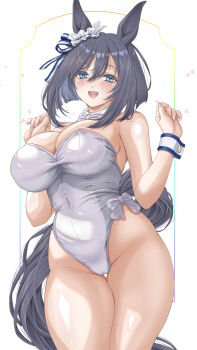 1girl absurdres akiha_(akiha_ttt) alternate_breast_size_(larger) animal_ears bare_shoulders black_hair blue_eyes blush bow bowtie breasts cameltoe covered_navel cowboy_shot detached_collar double-parted_bangs ear_ribbon ear_scrunchie eishin_flash_(umamusume) fingernails grey_bow grey_bowtie grey_leotard groin hair_between_eyes hands_up heart highleg highleg_leotard highres horse_ears horse_girl horse_tail huge_breasts impossible_clothes impossible_leotard legs_together leotard lips looking_at_viewer medium_hair nail_polish open_mouth pink_nails scrunchie skindentation smile solo strapless strapless_leotard tail thigh_gap umamusume white_scrunchie wrist_cuffs
