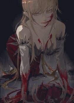 1girl blonde_hair blood blood_on_breasts blood_on_face blood_on_hands bone dress elbow_gloves eyeshadow gloves highres kiss-shot_acerola-orion_heart-under-blade kneeling long_hair makeup monogatari_(series) oshino_shinobu pointy_ears red_dress red_eyeshadow taki_(a313131333) white_gloves yellow_eyes