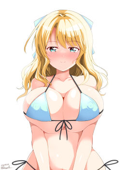 1girl bare_arms bikini blonde_hair blue_bikini blue_eyes blue_ribbon blush breasts cleavage closed_mouth collarbone commentary_request commission covered_erect_nipples deego_(omochi_bazooka) hair_ribbon highres large_breasts long_hair looking_at_viewer navel original pixiv_commission ribbon side-tie_bikini_bottom sidelocks signature simple_background smile solo swimsuit upper_body variant_set white_background