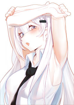 1girl absurdres armpits arms_up black_necktie breasts collared_shirt hair_ornament highres hololive hololive_indonesia long_hair looking_at_viewer necktie open_mouth shirt sideboob simple_background sleeveless solo upper_body vestia_zeta vestia_zeta_(businesswoman) virtual_youtuber white_background white_hair white_shirt yxxz3874