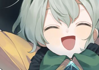 1girl black_hat buttons close-up closed_eyes diamond_button frilled_shirt_collar frills green_hair hat keiki8296 komeiji_koishi portrait shirt smile touhou yellow_shirt