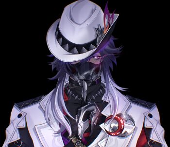Rule 34 | 1boy, ashveil (honkai: star rail), black hair, black shirt, claw ring, commentary, crescent, crescent pin, fedora, finger to mouth, gradient hair, hat, hat ornament, highres, honkai: star rail, honkai (series), jacket, jewelry, lapel pin, long hair, male focus, mask, mouth mask, multicolored hair, necklace, purple eyes, shirt, shushing, solo, supplicant mask, tooth necklace, turtleneck, victuuria a, white hair, white hat, white jacket
