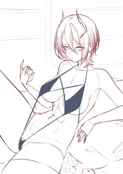 Rule 34 | 1girl, absurdres, annasui factory, azur lane, breasts, ear piercing, expressionless, food, fruit, hair between eyes, hair ornament, hairclip, hand up, highres, holding, holding food, holding fruit, horns, knee up, lying, medium breasts, medium hair, multiple piercings, navel, navel piercing, on back, on pillow, piercing, sitting, sketch, slit pupils, solo, spread legs, stomach, swimsuit, thighs, ulrich von hutten (azur lane), unfinished