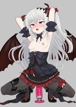 1girl absurdres armpits arms_up bare_shoulders bat_wings black_bow black_bowtie black_dress bow bowtie breasts commission demon_girl dildo dildo_riding dress feather_hair_ornament feathers fishnet_pantyhose fishnets flower frilled_dress frills grey_background hair_flower hair_ornament highres hues_sunk long_hair looking_at_viewer mare_(ac8231) naked_bowtie nipples open_mouth original pantyhose protected_link red_eyes red_flower red_rose rose second-party_source sex_toy simple_background skeb_commission small_breasts solo squatting white_hair wings
