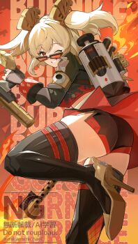 Rule 34 | 1girl, absurdres, ass, ass focus, black jacket, black shorts, black thighhighs, blonde hair, burnice white, character name, clenched teeth, flamethrower, high-waist skirt, high heels, highres, holding, holding flamethrower, holding weapon, huge ass, jacket, leg up, looking at viewer, looking back, mikami michael, one eye closed, open mouth, propane tank, red skirt, short shorts, shorts, skindentation, skirt, solo, spiked jacket, teeth, thick thighs, thighhighs, thighs, tinted eyewear, two side up, weapon, zenless zone zero