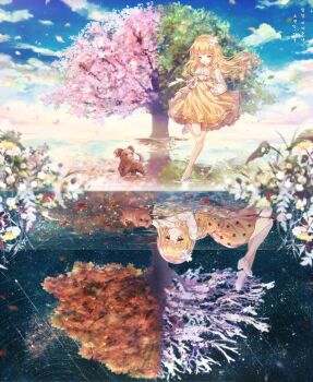 1girl :d absurdres animal autumn autumn_leaves blonde_hair blue_sky blurry blurry_foreground blush butterfly_hair_ornament closed_eyes closed_mouth cloud cloudy_sky commentary_request commission crossed_arms danby_merong day depth_of_field dog dress facing_viewer falling_star flower hair_ornament hanbok high-waist_skirt high_heels highres huge_filesize korean_clothes korean_text leaf legs_up long_hair long_sleeves looking_at_viewer lying multiple_girls multiple_views night on_stomach open_mouth orange_dress original outdoors petals pink_flower red_flower reflection ringlets seasons shirt shoe_soles shoes shooting_star skirt sky sleeveless sleeveless_dress sleeves_past_wrists smile spring_(season) standing standing_on_one_leg star_(sky) star_trail starry_sky summer translation_request tree very_long_hair water white_flower white_footwear white_legwear white_shirt wide_sleeves winter yellow_eyes yellow_flower yellow_skirt