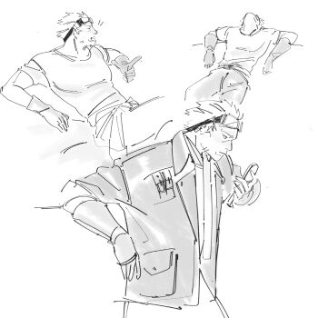 1boy ascot cid_highwind facial_hair final_fantasy final_fantasy_vii furrowed_brow gloves goggles goggles_on_head highres jacket lentymet male_focus multiple_views open_mouth pointing reclining shirt short_hair sitting sketch sleeves_rolled_up solo stubble t-shirt talking upper_body white_ascot white_background