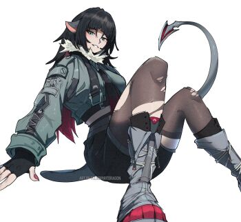 Rule 34 | 1girl, animal ears, artist name, black hair, black shorts, blue eyes, boots, breasts, brown pantyhose, brown thighhighs, coat, commentary, ear piercing, english commentary, felixspiritdragon, female focus, fingernails, foot out of frame, from below, gradient hair, grey boots, grey coat, grin, high heel boots, high heels, highres, jane doe (zenless zone zero), legs apart, long hair, looking at viewer, mechanical tail, medium breasts, mouse ears, mouse girl, mouse tail, multicolored hair, nail polish, pantyhose, perspective, piercing, prehensile tail, red hair, red nails, sharp fingernails, shorts, simple background, single leg pantyhose, single thighhigh, sitting, sleeveless, smile, solo, tail, thighhighs, torn clothes, torn pantyhose, torn thighhighs, two-tone hair, white background, zenless zone zero