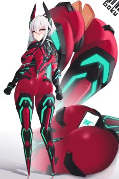 1girl ass between_buttocks bodysuit bread bread_slice cyborg food highres horns looking_back multiple_views peg_leg phone red_bodysuit rer_goku solo solo_focus toast virtual_youtuber vshojo white_hair yellow_eyes zentreya zentreya_(cyborg) zentreya_(cyborg)_(1st_costume)