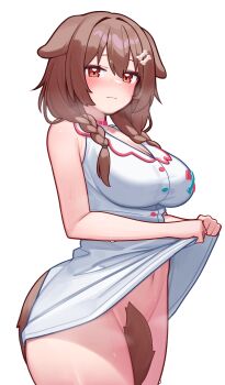 1girl absurdres animal_ears armpit_crease blush bottomless braid breasts brown_hair cartoon_bone cleavage closed_mouth collar cowboy_shot deaver dog_ears dog_girl dress hair_ornament highres hololive inugami_korone inugami_korone_(1st_costume) large_breasts looking_at_viewer low_twin_braids navel no_panties paid_reward_available pink_collar red_eyes skirt_hold sleeveless sleeveless_dress solo sweat tail_censor thick_thighs thighs twin_braids virtual_youtuber white_dress