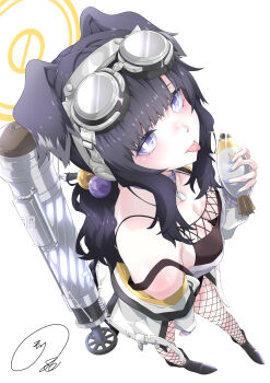 1girl :p absurdres ammunition animal_ears black_boots black_camisole black_hair blue_archive boots camisole commentary_request dog_ears dog_girl fishnet_pantyhose fishnets foreshortening from_above goggles goggles_on_head hair_ornament halo hibiki_(blue_archive) highres holding holding_shell jacket long_hair looking_at_viewer maximum7010 mortar_(weapon) mortar_shell off_shoulder pantyhose purple_eyes shell signature simple_background solo tongue tongue_out weapon weapon_on_back white_background white_jacket yellow_halo