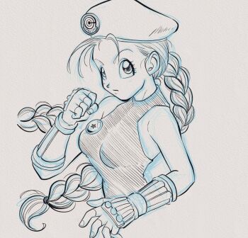 bare_shoulders beret braid bulma cammy_white cammy_white_(cosplay) capsule_corp cosplay crossover dragon_ball dragon_ball_(object) dragonbof fighting_stance fingerless_gloves gauntlets gloves hat highres ink leotard lock long_hair looking_at_viewer street_fighter tagme toriyama_akira_(style) twin_braids