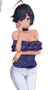 1girl absurdres ahoge bare_shoulders black_collar black_hair blue_hair blue_shirt breasts butterfly_hair_ornament cherry_print cleavage closed_mouth collar collarbone commentary commission english_commentary food_print frilled_shirt frills fruit_print gradient_hair grey_pants hair_ornament hair_over_one_eye hand_up highres looking_at_viewer medium_breasts multicolored_hair off-shoulder_shirt off_shoulder original pants print_shirt red_eyes shirt short_hair simple_background smile solo takoroki tan twitter_username white_background