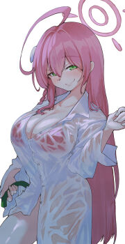 1girl ahoge bikini bikini_under_clothes bikini_visible_through_clothes blue_archive blush bottomless braid breasts closed_mouth commentary_request cowboy_shot dress_shirt green_eyes halo hanako_(blue_archive) hanako_(swimsuit)_(blue_archive) highres holding holding_hose hose huge_ahoge large_breasts long_hair looking_at_viewer nuup_pasta official_alternate_costume oversized_clothes oversized_shirt partially_unbuttoned pink_bikini pink_hair pink_halo see-through_clothes see-through_shirt shirt side_braid simple_background single_braid smile solo swimsuit very_long_hair wet wet_clothes wet_shirt white_background white_shirt
