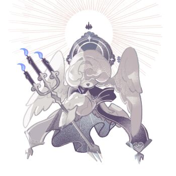 Rule 34 | 1other, :d, blindfold, candle, colored skin, commentary, cookie run, cookie run: kingdom, curly hair, doughael, dress, facing viewer, feathered wings, feathers, film grain, full body, grey skin, highres, invisible chair, long dress, open mouth, reed, short hair, simple background, sitting, smile, solo, sparkle, staff, symbol-only commentary, white background, white dress, white hair, white wings, wings