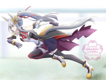 1girl animal_ears black_gloves blue_eyes blunt_bangs blush boots breasts chrono_genesis_(prismatic_curator)_(umamusume) chrono_genesis_(umamusume) commentary_request detached_sleeves eye_trail from_side full_body gloves grey_hair hair_between_eyes hair_ornament highres horse_ears horse_girl horse_tail light_trail long_hair parted_lips running shirt skirt sleeveless small_breasts solo tail take20131004 thighhighs umamusume white_boots white_thighhighs