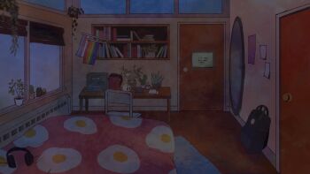 Rule 34 | angela he, backpack, bag, bedroom, bookshelf, chair, computer, dark, desk, headphones, highres, indoors, letter, mirror, missed messages, night, no humans, non-web source, official art, plant, potted plant, rainbow flag, scenery, transgender flag, window blinds, window light, wooden floor