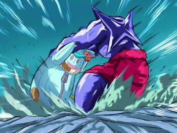 battle broly_(dragon_ball_z) broly_(dragon_ball_z)_(cosplay) cellphone clash colored_skin commentary_request cosplay dragon_ball dragonball_z duel dust gen_1_pokemon gen_4_pokemon highres holding m_s_paragus mascot_costume mega_pokemon mega_starmie muscular nidothing nintendo open_mouth oversized_zipper parody phone pokemon pokemon_(anime) pokemon_(creature) pokemon_horizons purple_skin rotom rotom_phone scene_reference smartphone starfish starmie zipper