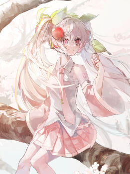 1girl absurdres animal bird bird_on_hand cherry_blossoms cherry_hair_ornament detached_sleeves food-themed_hair_ornament hair_ornament hand_up hatsune_miku headphones headset highres hizikinn long_hair nail_polish necktie on_branch parted_lips pink_eyes pink_hair pleated_skirt sakura_miku shirt sitting skirt sleeveless sleeveless_shirt solo twintails very_long_hair vocaloid