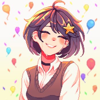 1girl ahoge artist_self-insert aseprite_(medium) backlighting balloon black_choker black_hair blush choker closed_eyes commentary confetti crying earrings english_commentary gradient_background highres jewelry multiple_earrings original parted_lips pixel_art short_hair simple_background smile solo upper_body vest white_background yellow_background yumykon yumykon_(yumykon)