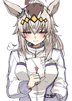 1girl absurdres ahoge amaxa animal_ears blue_eyes blush closed_mouth commentary_request grey_hair hairband highres holding holding_letter horse_ears horse_girl jacket letter long_hair oguri_cap_(umamusume) simple_background smile solo track_jacket umamusume white_background white_jacket yellow_hairband