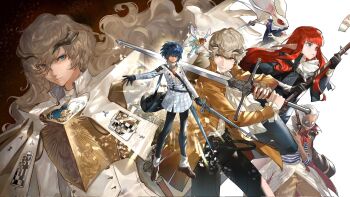 2girls 5boys armor ascot black_gloves black_hairband black_pants blonde_hair blue_hair blunt_bangs breastplate brown_jacket closed_mouth creature dark-skinned_male dark_skin diagonal-striped_shirt facial_hair fairy fairy_wings floating_hair gallica_(metaphor:_refantazio) gloves grey_hair grey_horns hairband hashtag-only_commentary heismay_(metaphor:_refantazio) highres holding holding_sword holding_weapon horns hulkenberg_(metaphor:_refantazio) jacket laishamark92077 long_hair louis_(metaphor:_refantazio) metaphor:_refantazio mini_person minigirl multiple_boys multiple_girls mustache neuras_(metaphor:_refantazio) orange_hair pants pointy_ears protagonist_(metaphor:_refantazio) red_eyes shirt strohl_(metaphor:_refantazio) sword wavy_hair weapon white_ascot white_hair white_jacket wings