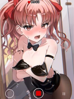2girls arm_strap black_bow black_bowtie black_leotard black_pantyhose blonde_hair blush bow bowtie breasts brown_eyes brown_hair changing_room commentary_request covering_breasts covering_privates detached_collar embarrassed full-length_mirror hair_bow highres kuroshiiaru leotard long_hair looking_at_viewer mirror multiple_girls open_mouth oversized_breast_cup pantyhose playboy_bunny recording red_bow shirai_kuroko shokuhou_misaki small_breasts strapless strapless_leotard toaru_kagaku_no_railgun toaru_majutsu_no_index twintails viewfinder