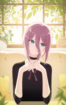 1girl alternate_costume black_choker black_shirt blurry blush chainsaw_man choker collar collared_shirt commentary contrast_collar depth_of_field green_eyes grenade_pin hair_between_eyes head_tilt highres indoors long_hair_between_eyes neck_ribbon own_hands_together picture_frame plant potted_plant purple_hair purple_ribbon reze_(chainsaw_man) ribbon shirt sidelocks sideways_glance sitting smile solo soyolan upper_body white_collar window