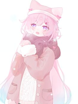 1girl blue_hair breath colored_tips commentary cowboy_shot cyrene_(honkai:_star_rail) cyrene_(ripples_of_past_reverie)_(honkai:_star_rail) diamond-shaped_pupils diamond_(shape) hat hat_with_ears highres honkai:_star_rail honkai_(series) jacket long_hair looking_at_viewer mittens multicolored_hair open_clothes open_jacket open_mouth pink_hair pink_hat pink_jacket pink_scarf pointy_ears purple_eyes scarf sidelocks simple_background smile snowflakes solo sweater symbol-shaped_pupils tansanlemon100 very_long_hair white_background white_sweater