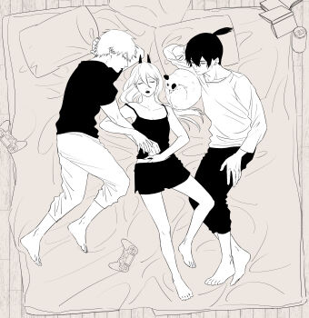 1girl 2boys absurdres anachronism barefoot book camisole can cat chainsaw_man commentary_request controller dakuonpu denji_(chainsaw_man) futon game_controller greyscale hair_between_eyes hand_in_own_shorts hayakawa_aki highres horns lying meowy_(chainsaw_man) monochrome multiple_boys on_back open_mouth pillow playstation_controller power_(chainsaw_man) short_shorts shorts sleeping topknot wooden_floor