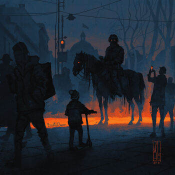 5boys army black_horse boris_groh cavalry child city combat_helmet evening ghost glowing glowing_eyes helmet highres holding holding_reins horse horseback_riding military_combat_uniform military_uniform multiple_boys original reins riding russo-ukrainian_war soldier taking_picture ukraine winter winter_clothes