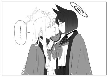 2girls animal_ears blue_archive blush bob_cut bow bowtie cat_ears cat_girl closed_mouth commentary_request embarrassed flustered greyscale halo height_difference highres kikyou_(blue_archive) long_hair looking_at_another monochrome multiple_girls nagusa_(blue_archive) neck_ribbon neckerchief parted_lips pleated_skirt ribbon rkrkmnab sailor_collar shirt short_hair sidelocks skirt smile speech_bubble translation_request yuri