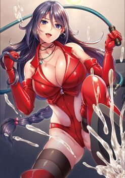 1girl black_hair black_thighhighs boots braid breasts cleavage cum dominatrix dress earrings elbow_gloves femdom gloves happy high_heel_boots high_heels highres holding holding_whip hoop_earrings jewelry large_breasts leotard long_hair mole mole_under_eye necklace original purple_eyes red_gloves shoe_soles shuuko skindentation smile thigh_boots thighhighs whip