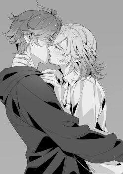 2boys adam&#039;s_apple ahoge alhaitham_(genshin_impact) arms_up braid collared_shirt commentary cowboy_shot french_kiss genshin_impact grey_background greyscale hand_on_another&#039;s_neck hashtag-only_commentary highres hood hood_down hoodie kaveh_(genshin_impact) kiss long_sleeves looking_at_another male_focus mars68010833 medium_hair monochrome multiple_boys open_collar profile shirt short_hair simple_background tongue yaoi