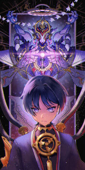 1boy arms_at_sides black_background black_hair black_kimono black_sleeves blunt_ends bodysuit cable closed_mouth extra_arms eyelashes eyeliner eyeshadow gem genshin_impact glowing_gem gnosis_(genshin_impact) gold halo highres japanese_clothes jewelry juban kimono looking_at_viewer lunacerra makeup male_focus mandarin_collar mecha mechanical_arms mechanical_halo mitsudomoe_(shape) neck_ring purple_eyes purple_gem purple_halo purple_pupils purple_rope red_eyeliner red_eyeshadow red_kimono robot rope scaramouche_(genshin_impact) scaramouche_(shouki_no_kami)_(genshin_impact) shimenawa single_sode straight-on tomoe_(symbol) white_kimono white_rope wispy_bangs